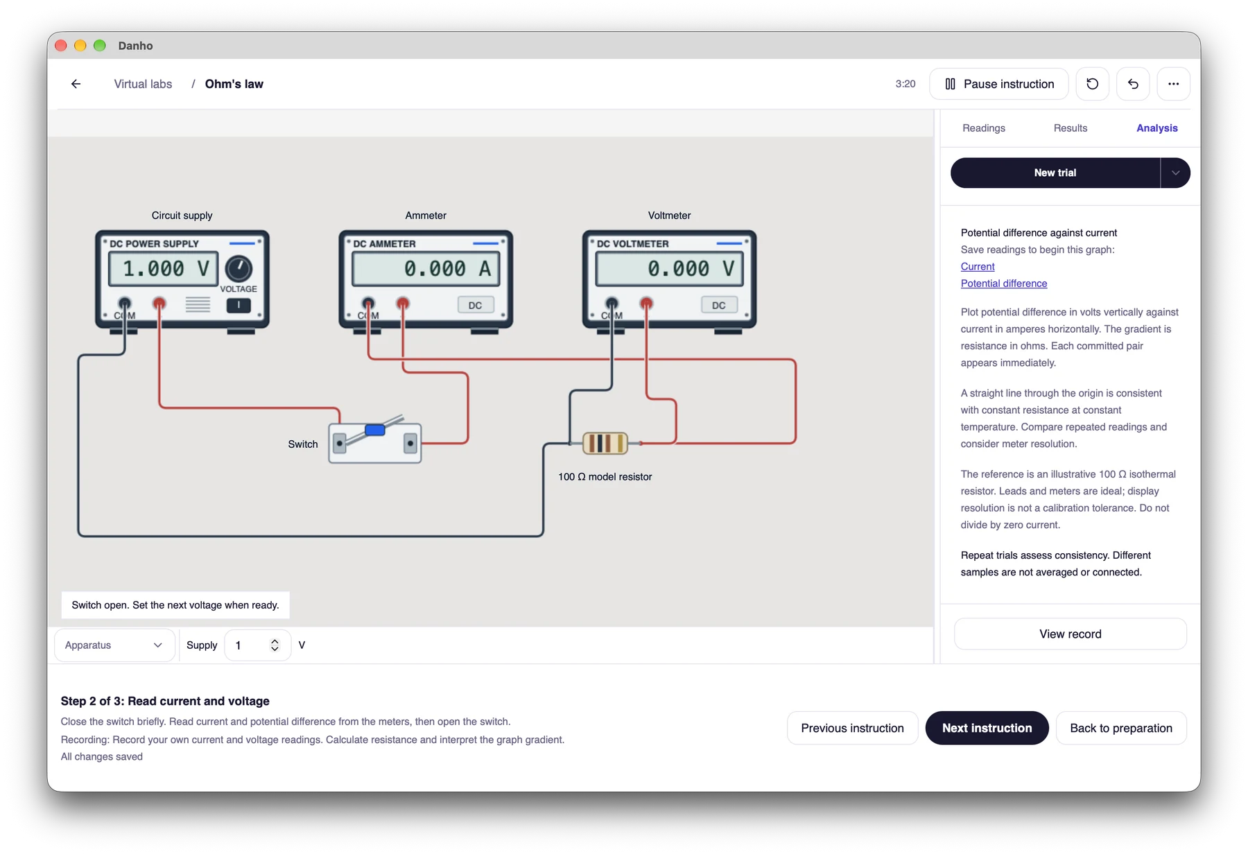Ohm’s law apparatus, controls and readings in Danho desktop