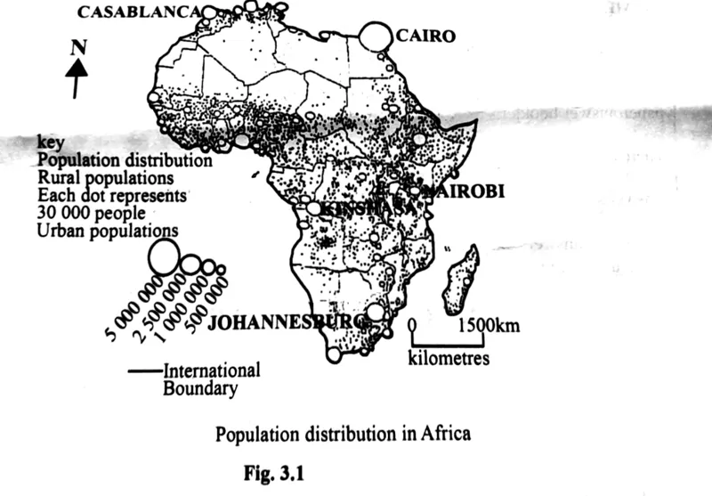 Population distribution in Africa - ZIMSEC Geography past paper diagram