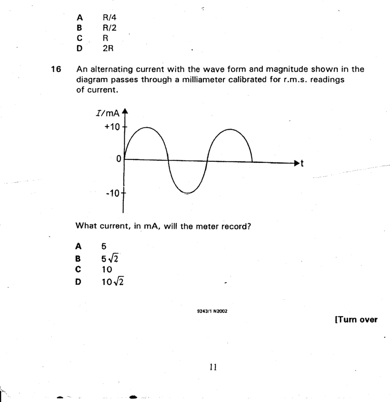 alternating current - ZIMSEC Physics past paper diagram