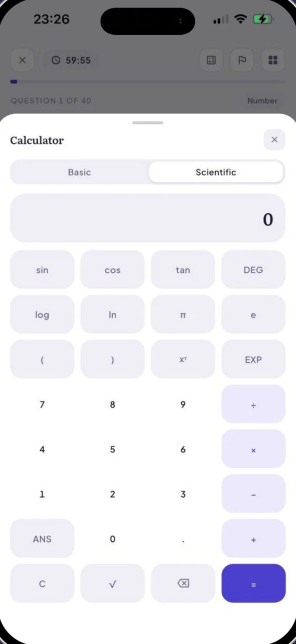 The calculator open over a question, mid paper