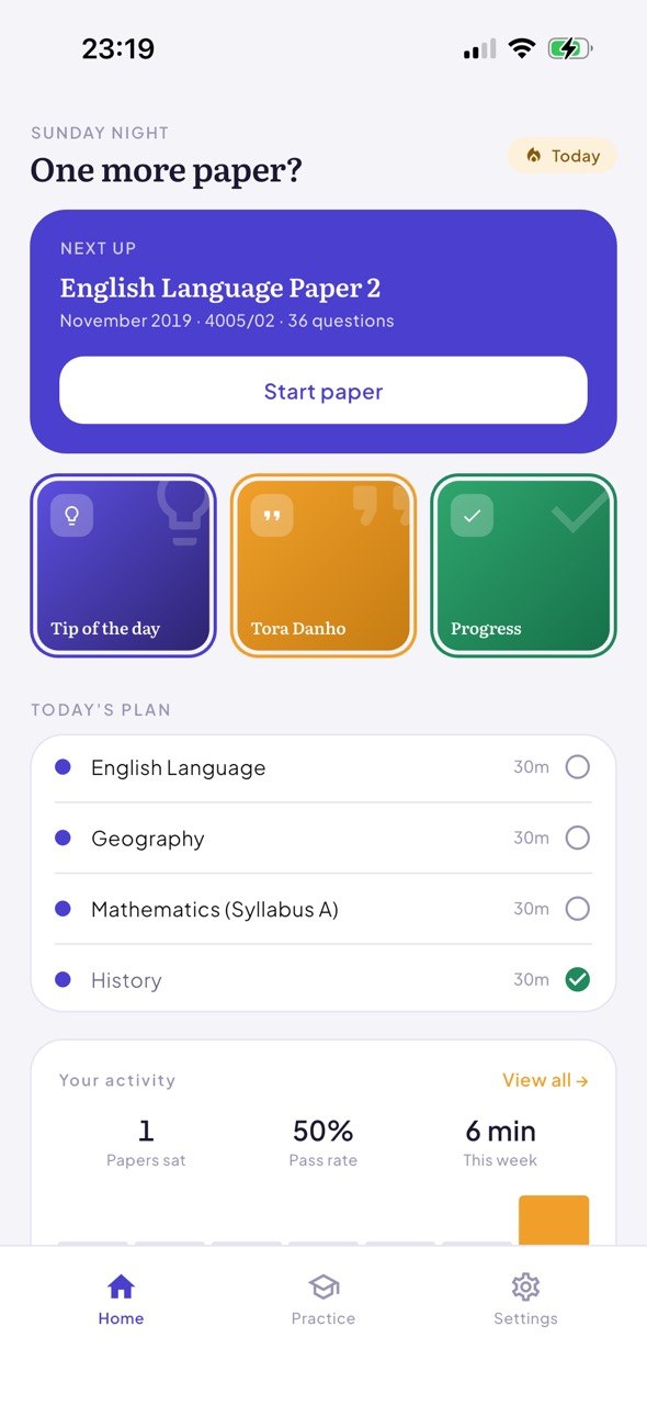 Danho home screen showing today's next paper and study plan