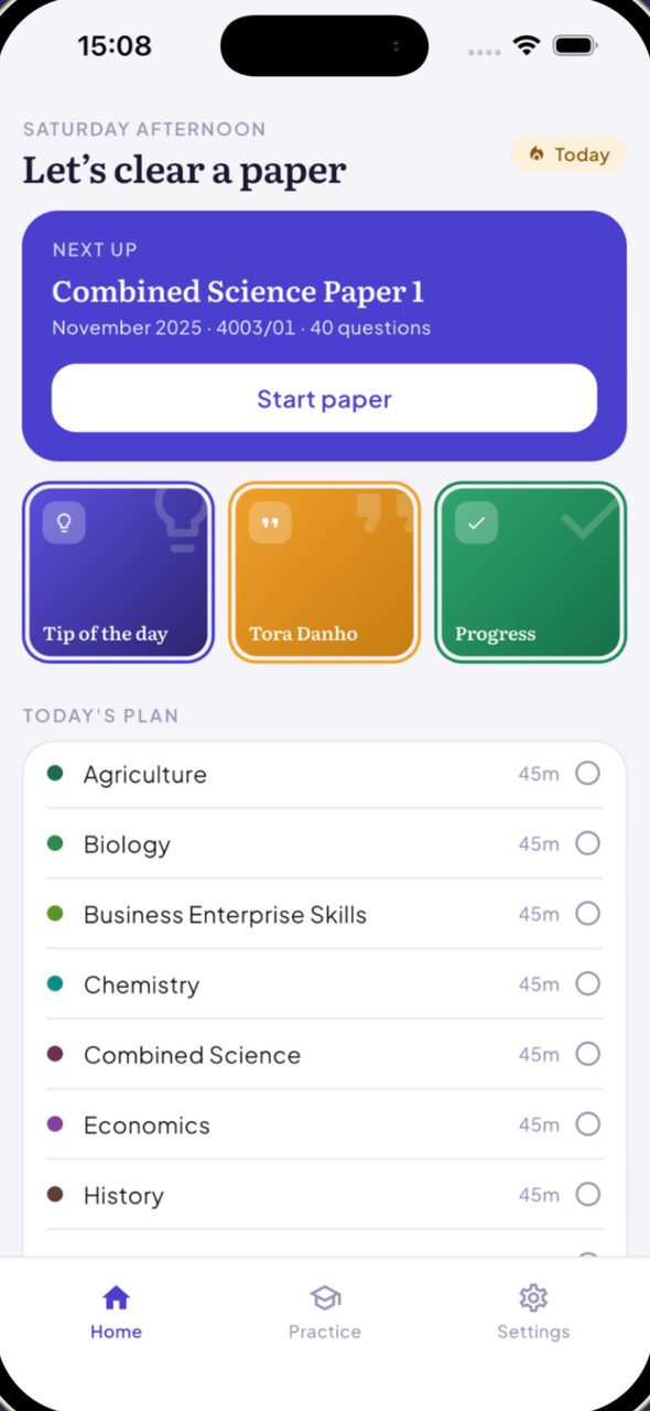 The home screen, with the next paper and today's plan