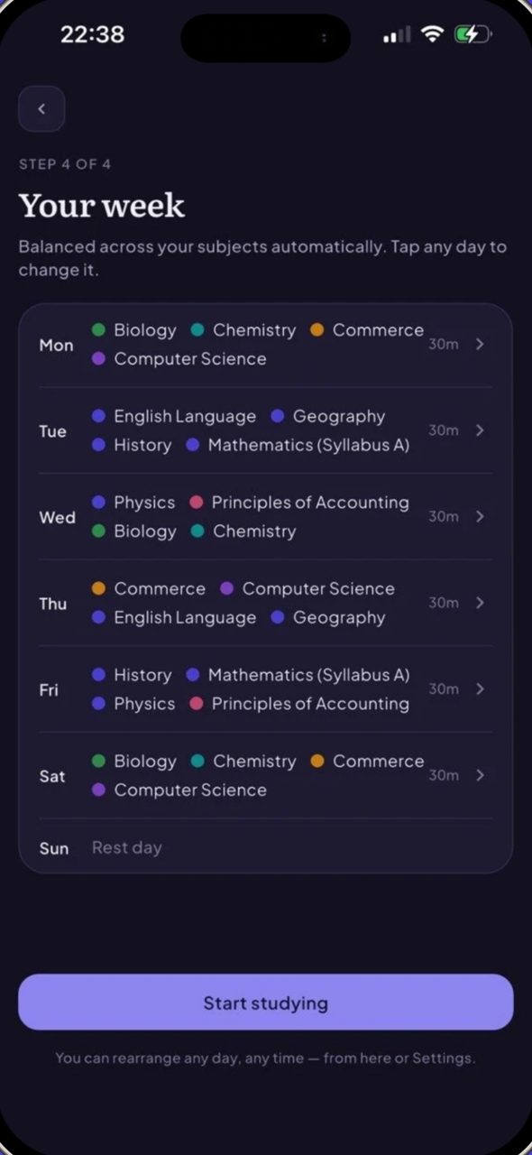 A week of study days with subjects set against them