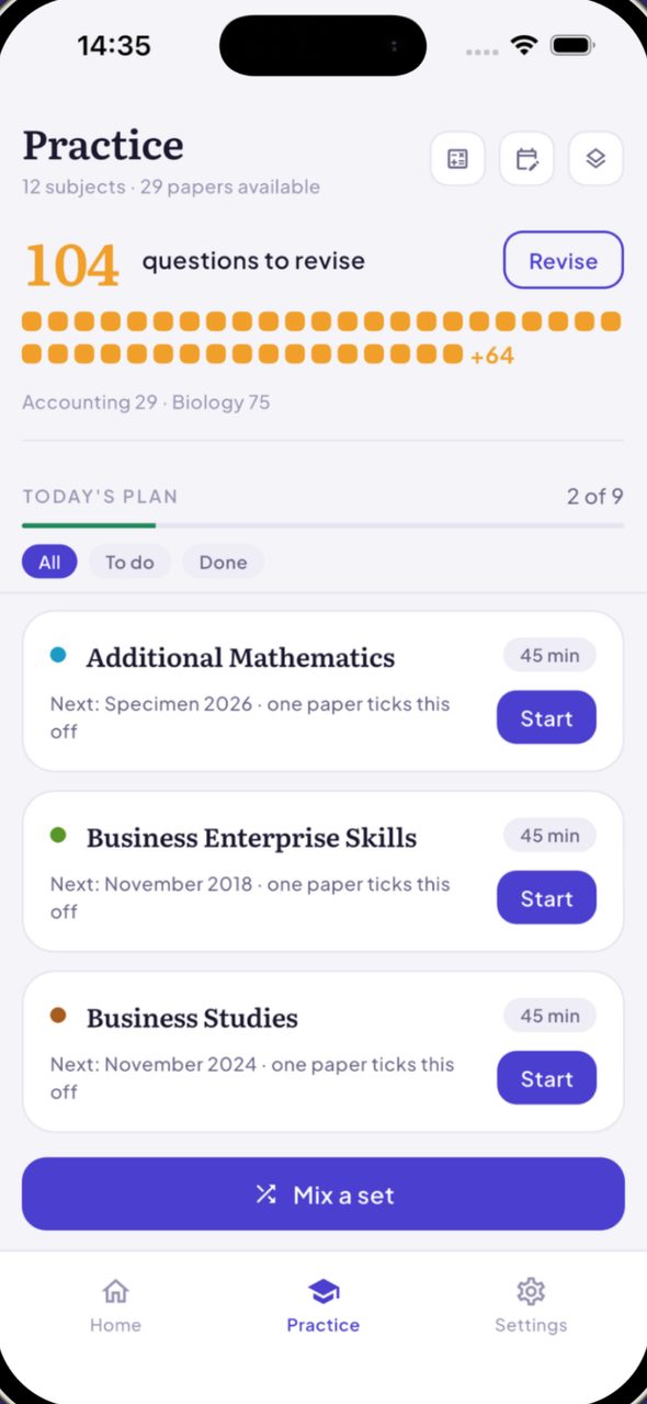 The practice tab, a paper waiting against each subject