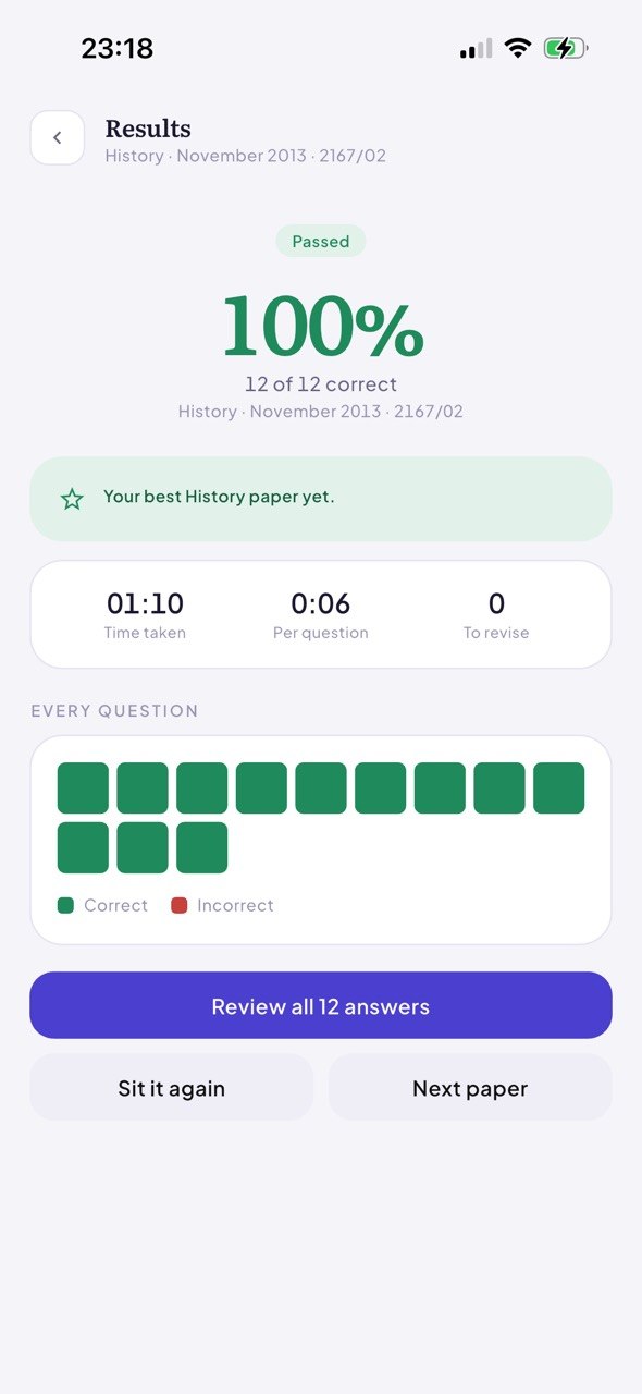 Danho results screen showing 100 percent on a History paper